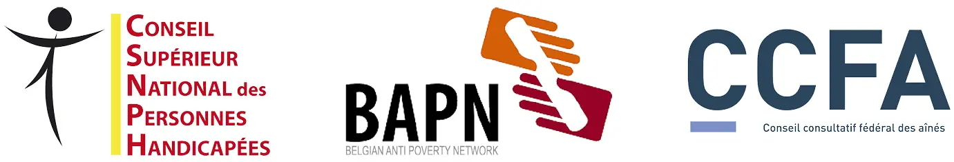 Logos de: CSNPH (Conseil Supérieur National des Personnes handicapées), BAPN (Belgian Anti Poverty Network) et CCFA (Conseil consultatif fédéral des aînés)