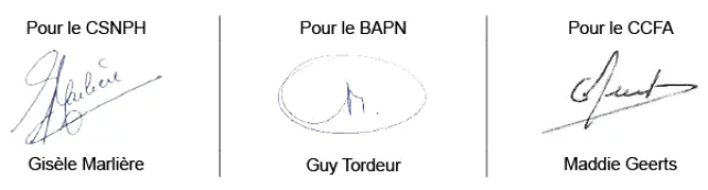 Signatures de: Gisèle Marlière (CSNPH), Guy Tordeur (BAPN) et Maddie Geerts (CCFA)