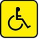Pictogram van een persoon in een rolstoel (zwart) tegen een gele achtergrond met zwart kader